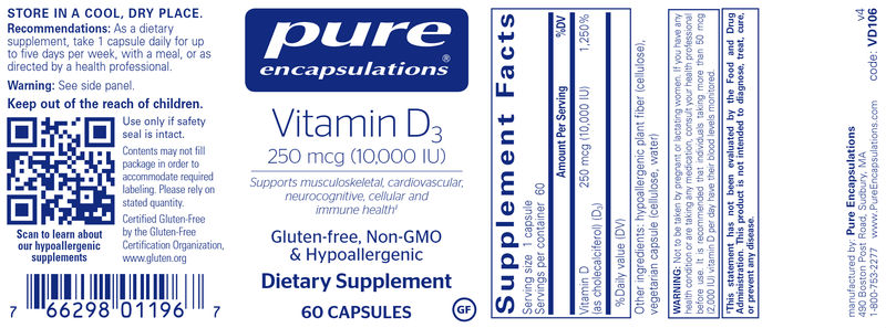 Vitamin D3 250 mcg (10,000 IU) 60 caps (Pure Encapsulations) label
