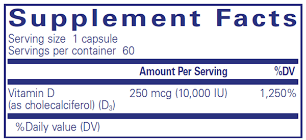 Vitamin D3 250 mcg (10,000 IU) 60 caps (Pure Encapsulations) supplement facts