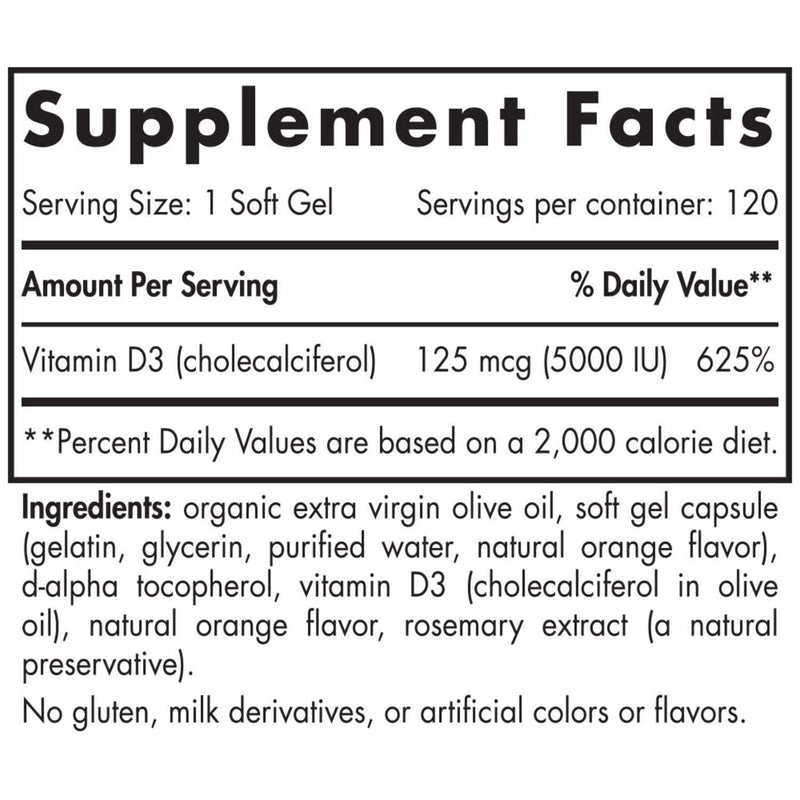 D3 5000 120 Soft Gels Orange (Nordic Naturals) Supplement Facts
