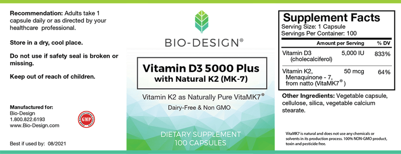 Vitamin D3 5000 Plus Natural MK-7 (Bio-Design) Label