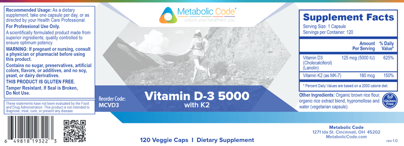 Vitamin D3 5000 with K2 (Metabolic Code) Label