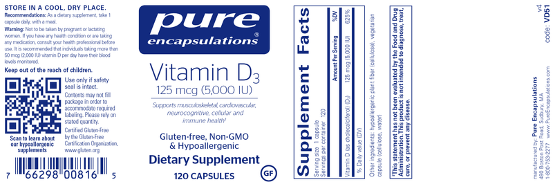 Vitamin D3 5,000 IU - 120 CAPSULES - (Pure Encapsulations) label