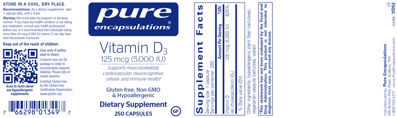 Vitamin D3 5,000 IU - 250 CAPSULES - (Pure Encapsulations) label
