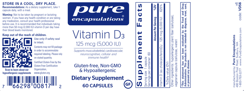 Vitamin D3 5,000 IU - 60 CAPSULES - (Pure Encapsulations) label