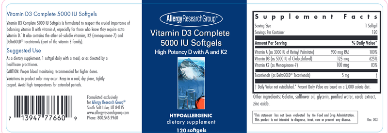Vitamin D3 Complete 5000 IU Softgels 120ct (Allergy Research Group) label label
