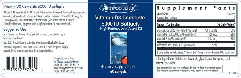 Vitamin D3 Complete 5000 IU Softgels 60ct (Allergy Research Group) label