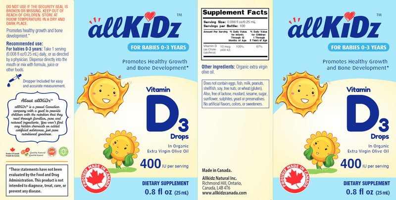 Vitamin D3 Drops allKiDz Label