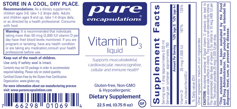 Vitamin D3 Liquid - 1000 IU (Pure Encapsulations) label