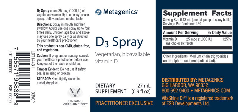 Vitamin D3 Spray (Metagenics) Label