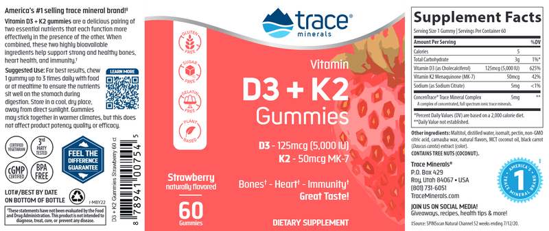Vitamin D3 + K2 Gummies Trace Minerals Research label