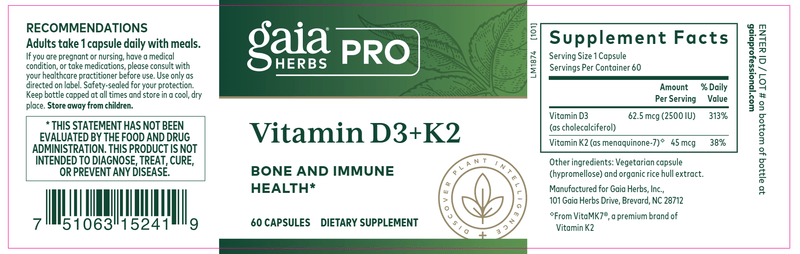 Vitamin D3 + K2 (Gaia Herbs Professional Solutions) Label