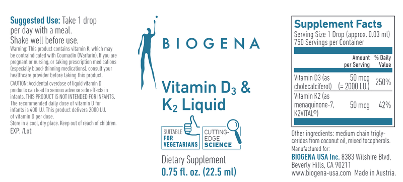 Vitamin D3 & K2 Liquid Biogena Label