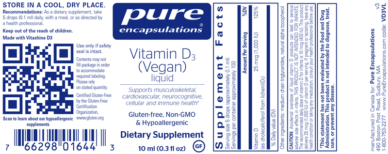 Vitamin D3 (Vegan) Liquid (Pure Encapsulations) label