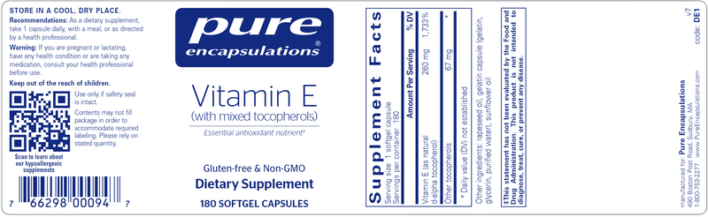 Vitamin E 180 Caps (Pure Encapsulations) Label