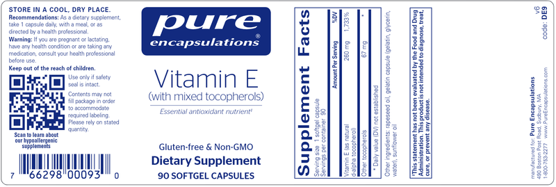 Vitamin E 90 Caps (Pure Encapsulations) Label