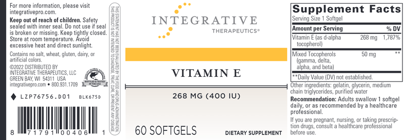 Vitamin E 400 (Integrative Therapeutics) Label
