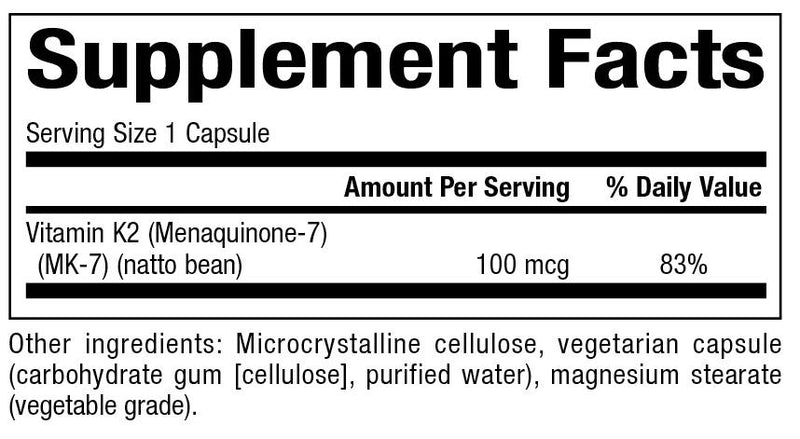 Vitamin K2 100mcg (Bioclinic Naturals) Supplement Facts