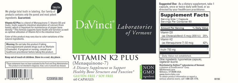 Vitamin K2 Plus (DaVinci Labs) Label
