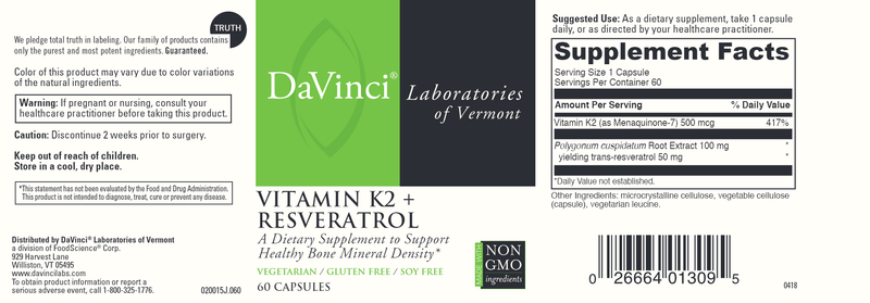 Vitamin K2 Resveratrol DaVinci Labs Label