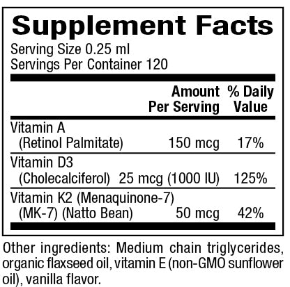 Vitamin K2, D3 and A (Bioclinic Naturals) Supplement Facts