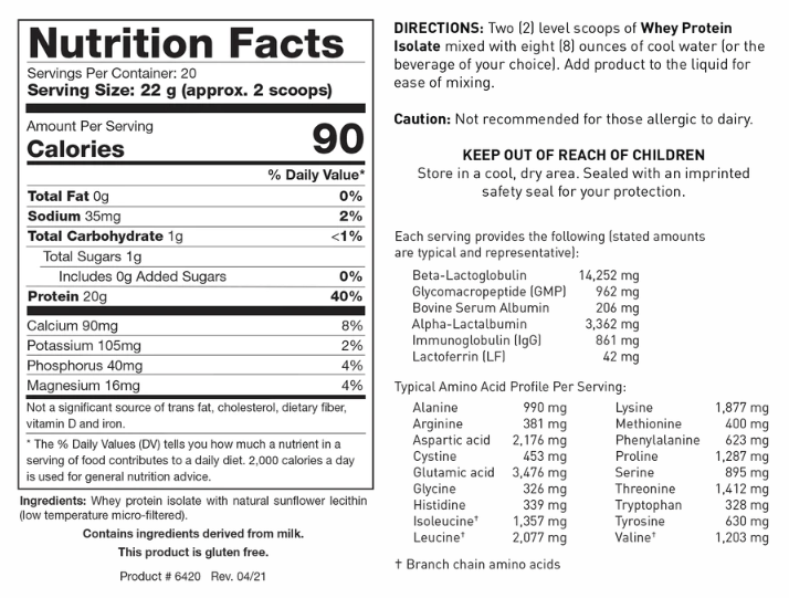 Whey Protein Isolate (Biotics Research) Unflavored Nutrition Facts