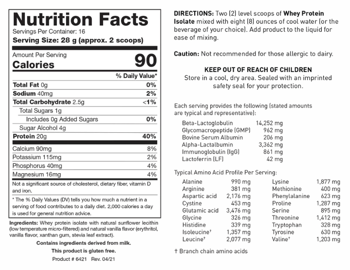Whey Protein Isolate (Biotics Research) Vanilla Nutrition Facts