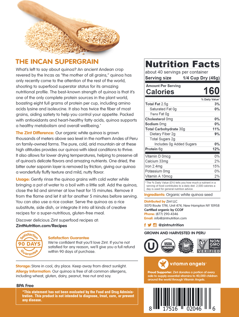 White Quinoa Bag (Zint Nutrition) Label