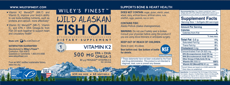 Wild Alaskan Fish Oil Vitamin K2 (Wiley's Finest) Label