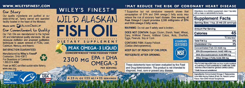 Wild Alaskan Peak Fish Oil 4.23oz (Wiley's Finest) Label
