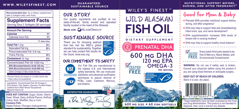 Wild Alaskan Prenatal DHA 60ct (Wiley's Finest) Label