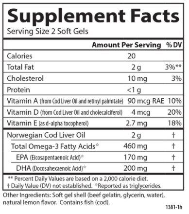 Wild Norwegian Cod Liver Oil Supplement Facts Label