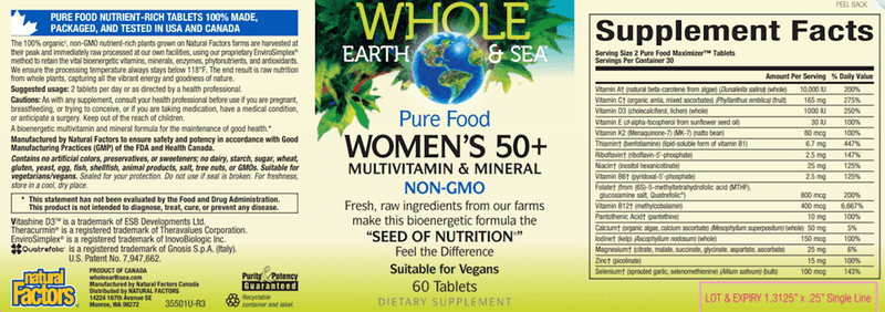 Women's Multi 50+ NON GMO (Whole Earth and Sea Natural Factors) Label