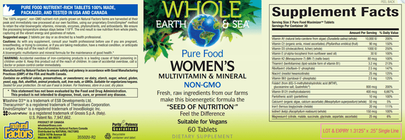 Women's Multi Non-GMO (Whole Earth and Sea Natural Factors) Label