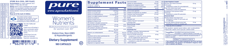 Women's Nutrients 180 caps (Pure Encapsulations) label