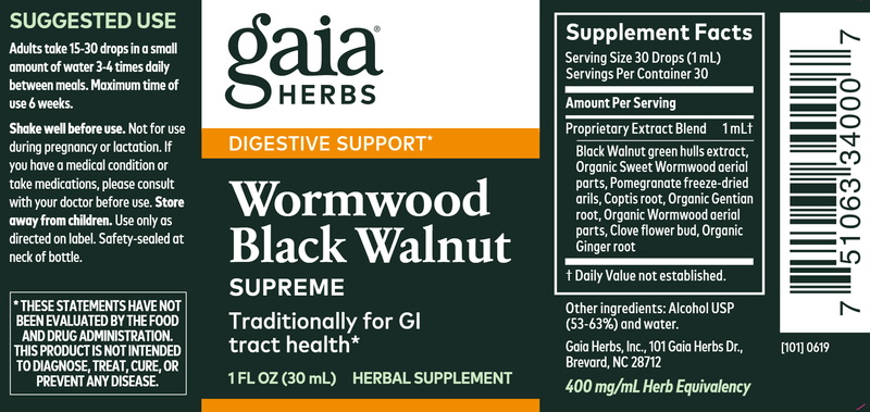 Wormwood Black Walnut Supreme 1oz (Gaia Herbs) Label