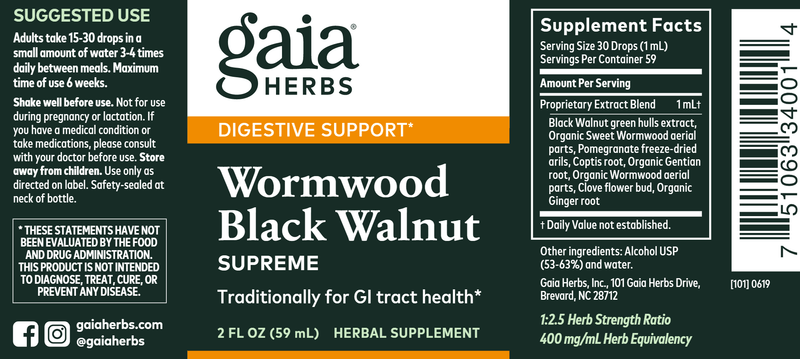 Wormwood Black Walnut Supreme 2oz (Gaia Herbs) Label