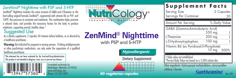 ZenMind Nighttime with P5P and 5-HTP (Nutricology) Label