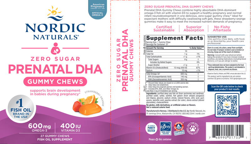 Zero Sugar Prenatal DHA Gummy (Nordic Naturals) Label