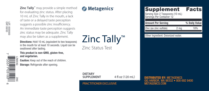 Zinc-Tally Test (Metagenics) Label