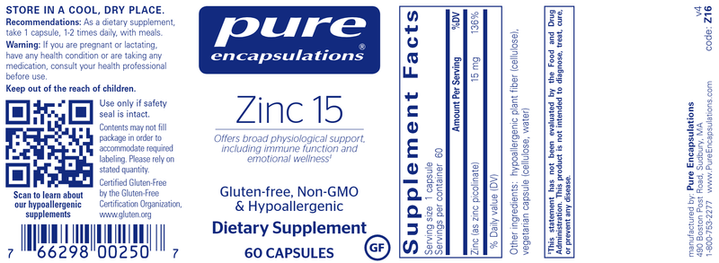 Zinc 15 60 caps (Pure Encapsulations) label