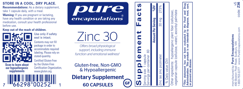 Zinc 30 60 caps (Pure Encapsulations) label