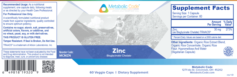 Zinc 30 mg (Metabolic Code) Label