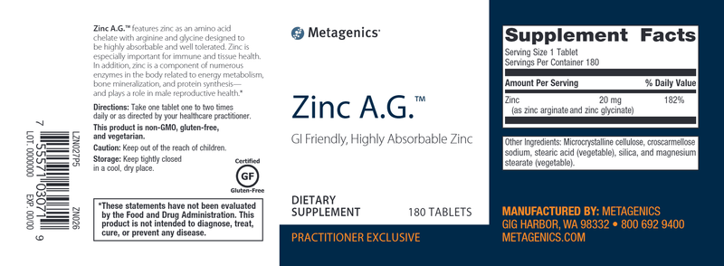 Zinc A.G. (Metagenics) 180ct Label