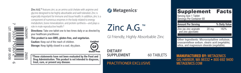 Zinc A.G. (Metagenics) 60ct Label