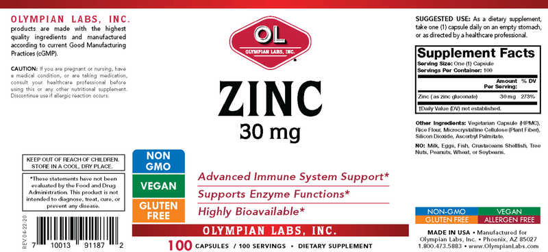 Zinc Capsules 30 mg Olympian Labs Label