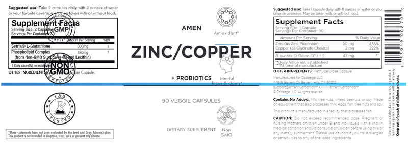 zinc copper + probiotics amen label