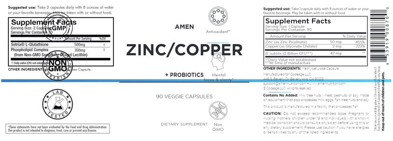 Zinc/Copper + Probiotics Amen Label