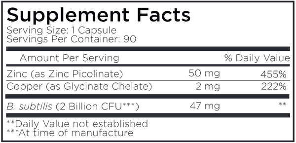 Zinc/Copper + Probiotics Supplement Facts Label