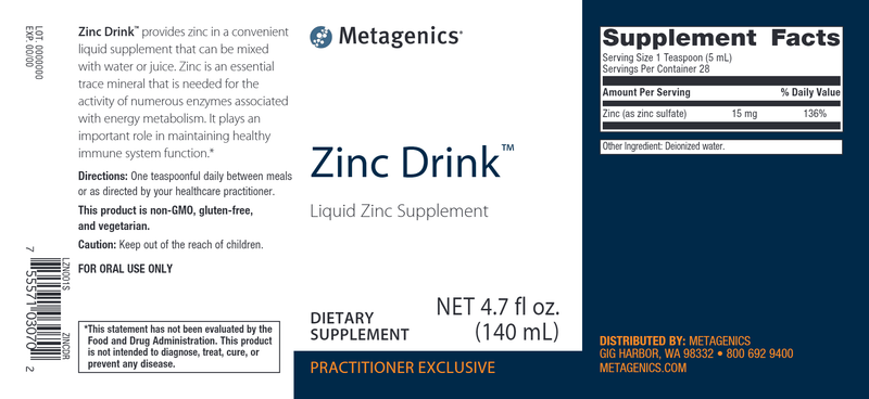 Zinc Drink (Metagenics) Label