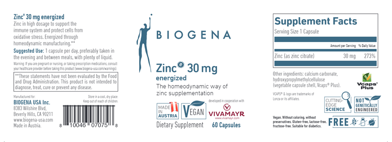 Zinc Energized 30 mg Biogena Label